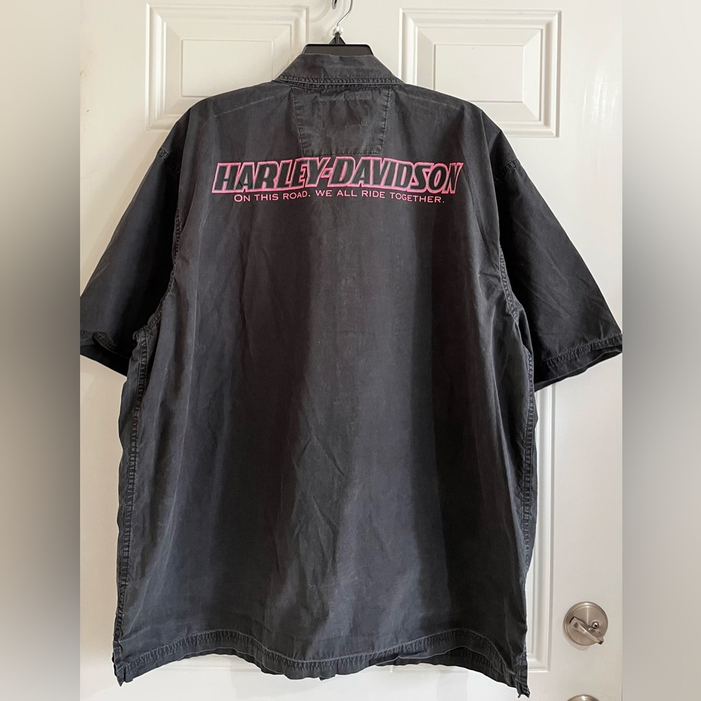 VTG Harley-Davidson Shirt Men’s 2X Dress Black Pink Logo Work Button Down Biker - Picture 2 of 10